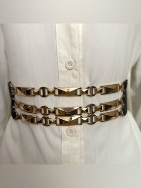 Black PU leather elastic waistband belt with gold tone chain details